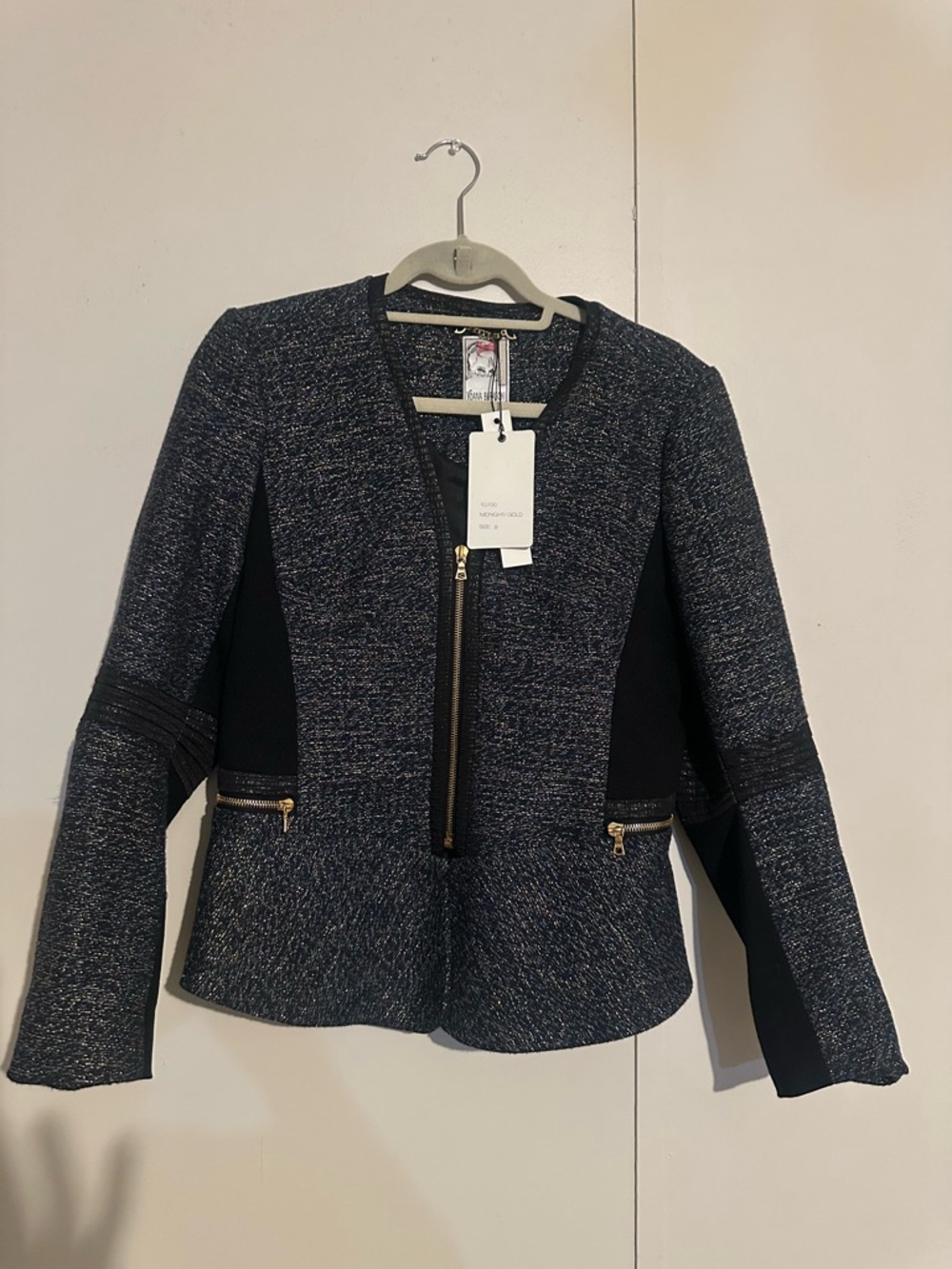 Women's Navy Tweed Zip-Front Blazer with Gold Accents